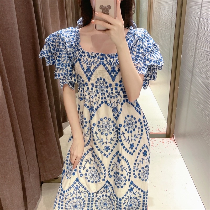 Đầm ZA maxi dáng dài bo chun tay áo cánh tiên