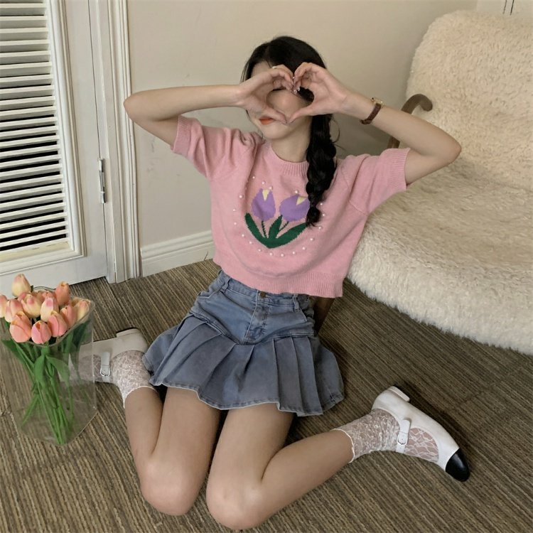 Áo thun dệt kim ZHELIHANGFEI tay ngắn dáng rộng hợp thời trang dễ phối đồ