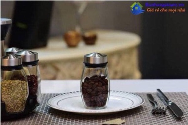 Bộ 6 hũ gia vị thuỷ tinh cao cấp kèm đế xoay sang chảnh