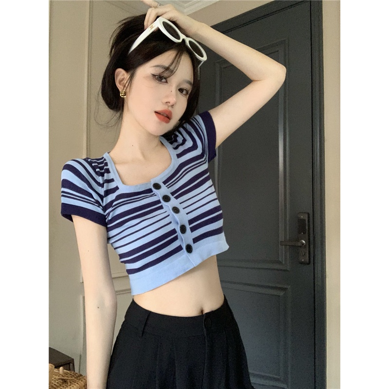 QKOOLE Áo croptop  dệt kim tay ngắn cổ vuông họa tiết kẻ sọc phong cách Hàn Quốc thời trang cho nữ