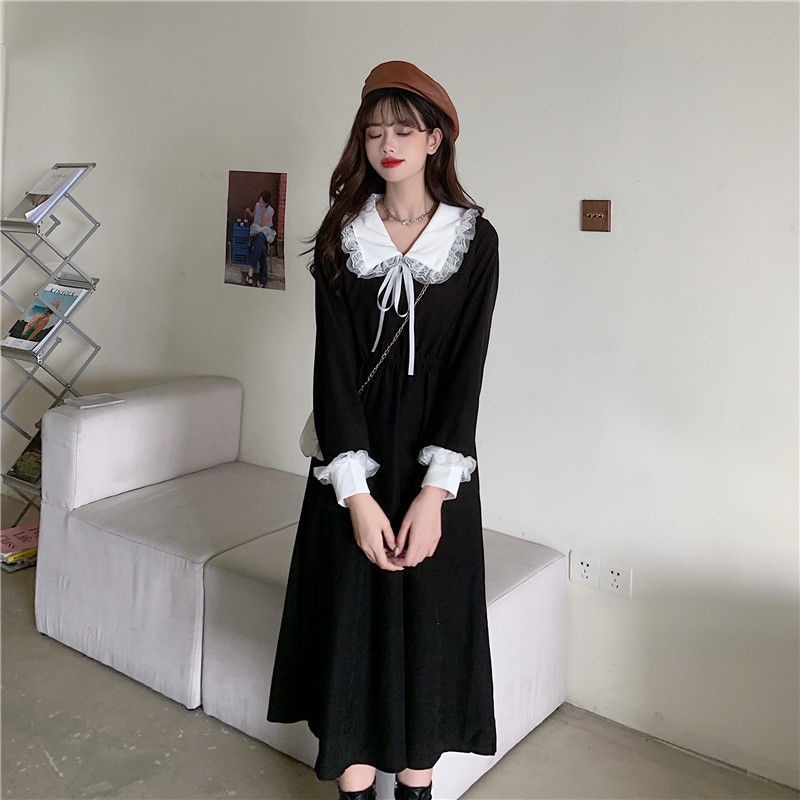 Váy Đỏ Tết Tiểu Thư Đầm noel đỏ Tay Dài Dáng Dài Chữ A Cổ Ren Bèo Ulzzang Sang Chảnh Xiaozhainv vn 24 K-27