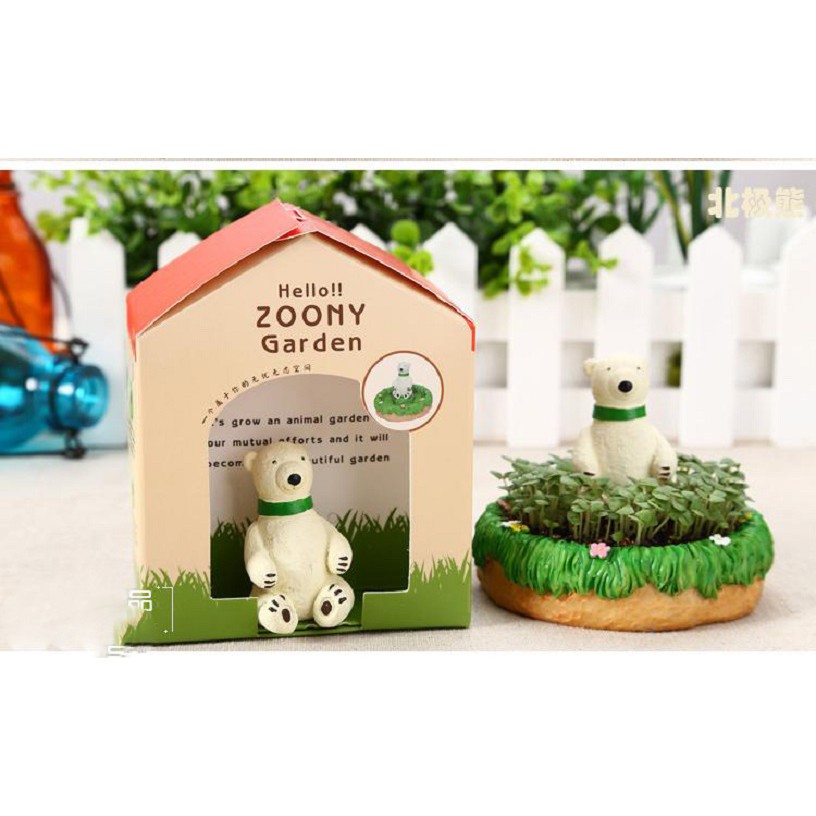 Chậu trồng cây tự tưới Ecoey hình Zoony Garden kèm hạt giống và đất Cỏ lá