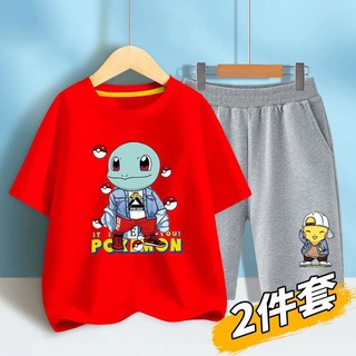 Bộ áo thun tay ngắn in hình pikachu / rồng lửa / rùa jenny dễ thương cho bé trai
