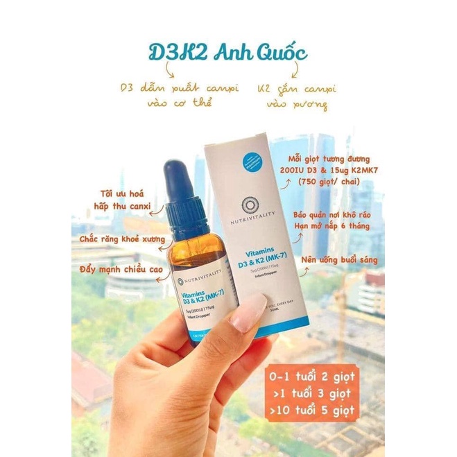 Vitamin D3 & K2 MK7 cho bé Nutrivitality Anh D3K2 D3 K2 D3&K2