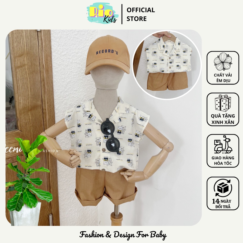 Set sơ mi sát nách cổ V quần đùi BEEMO phong cách Hàn Quốc cho bé trai từ 9-24kg - Riokids BE14