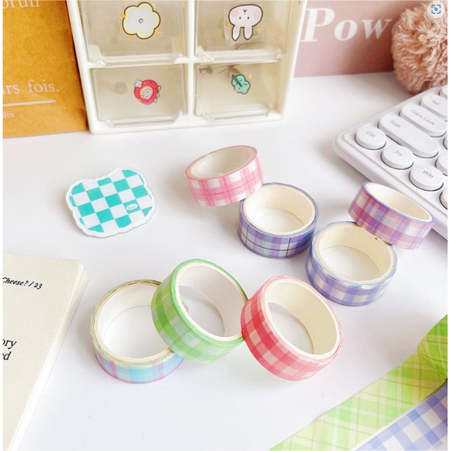 Cuộn băng keo giấy washi tape họa tiết caro trang trí sổ