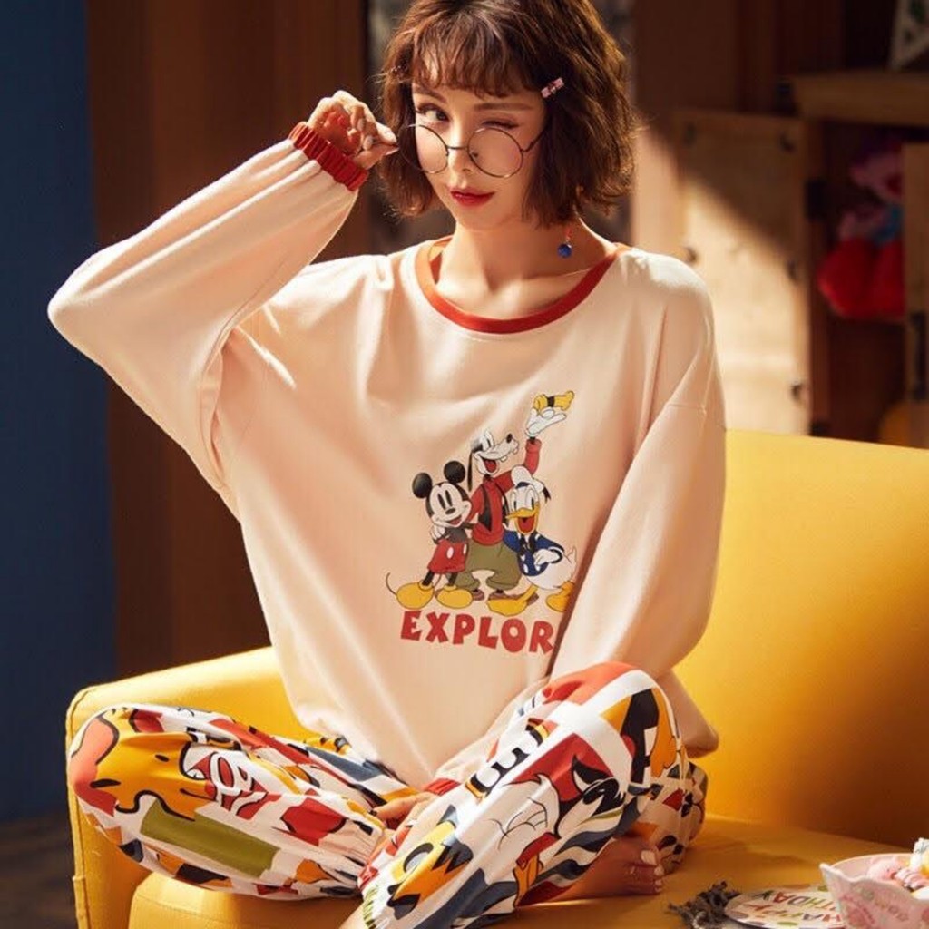 Đồ bộ dài Pijama mặc mát Cotton 100% cao cấp dáng rộng bigsize quần dài hoạt hình ...