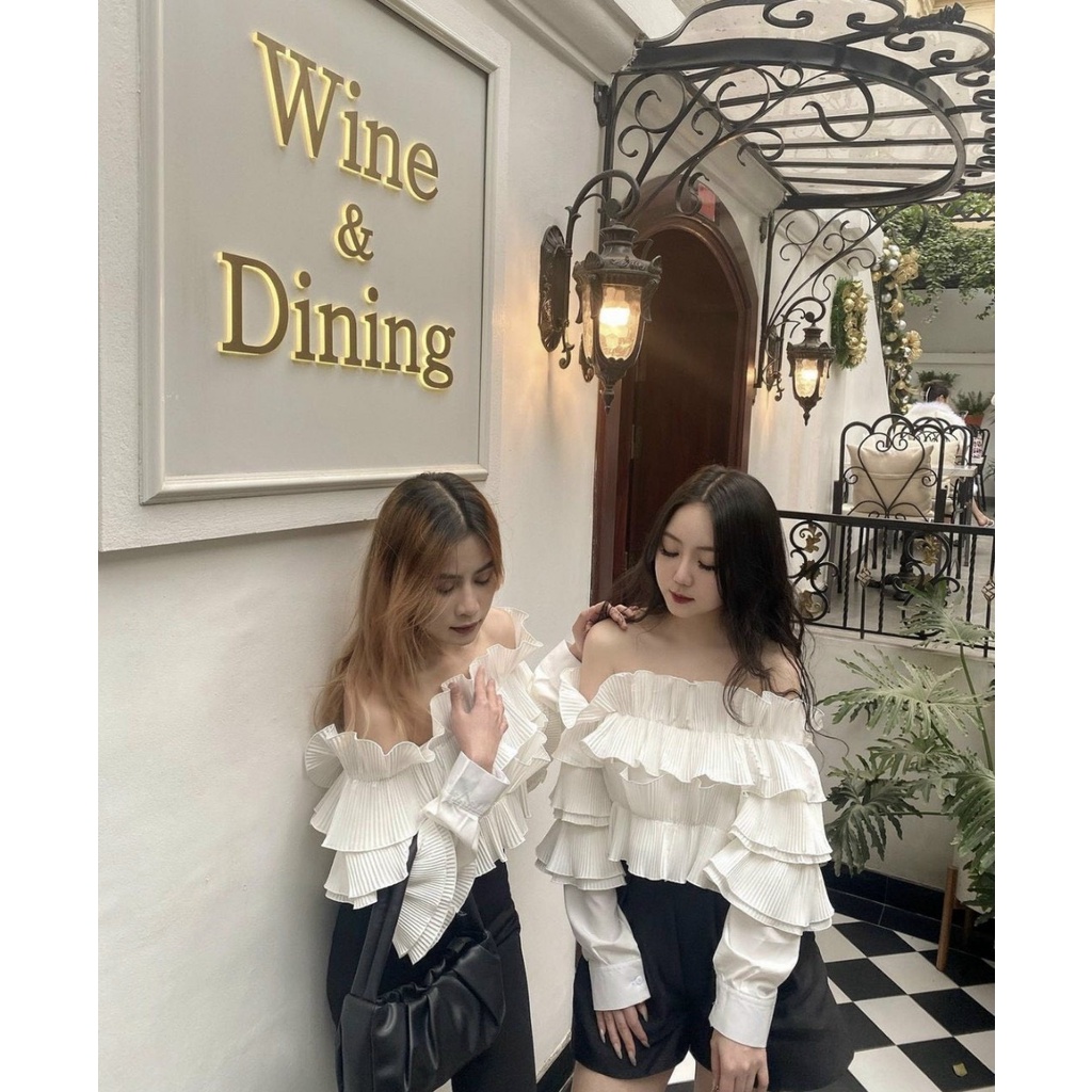 Áo trắng nhún hở vai  tay dài  KÈM ẢNH THẬT
