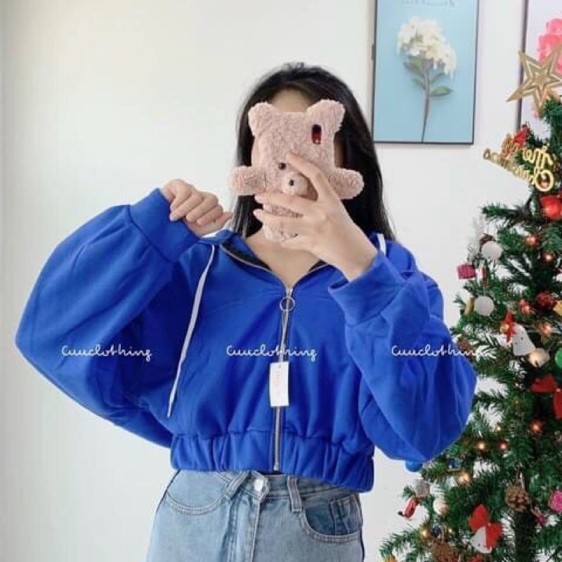 Áo khoác hoodie crotop nỉ tay bí có nón🍃🍃🍃🍃áo khoác nỉ bông khóa giữa, kiểu dáng coptop