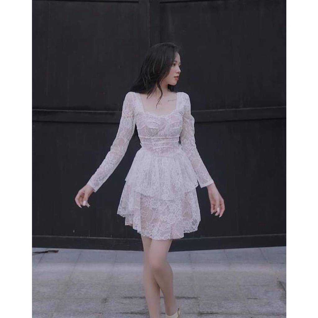 Váy ren nude 2 tầng xoè tay dài tiểu thư