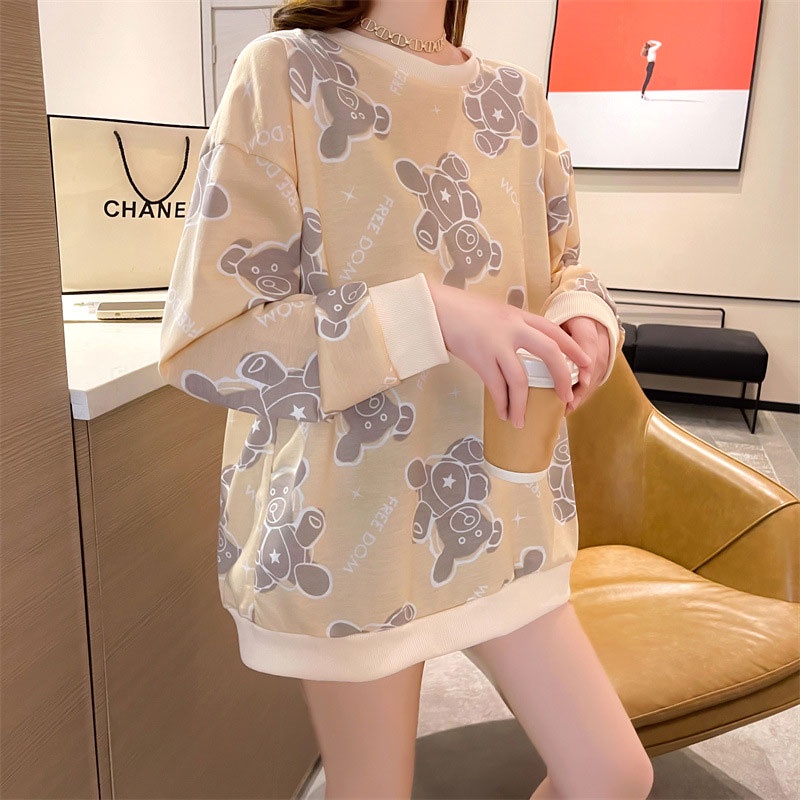 Du YAN Áo Sweater Mỏng Dáng Rộng Dài Qua Gối Tay In Họa Tiết Hoa Và Gấu Nhỏ Mới Cho Nữ