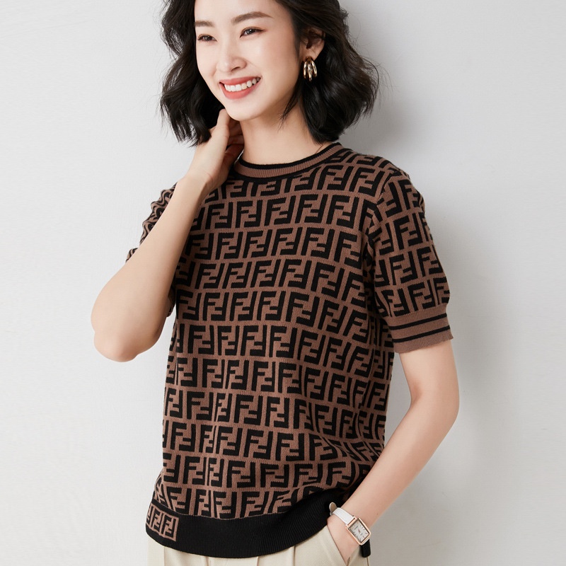 Áo Thun Dệt Kim Tay Ngắn Cổ Tròn Họa Tiết Kẻ Sọc Phong Cách Retro Thời Trang Mùa Hè Cho Nữ