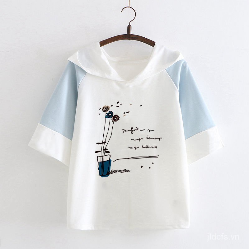 Áo Hoodie Tay Ngắn Chất Liệu Cotton Mềm Mại In Họa Tiết Hoạt Hình Phong Cách Nhật Bản Thời Trang Mùa Hè Cho Nữ