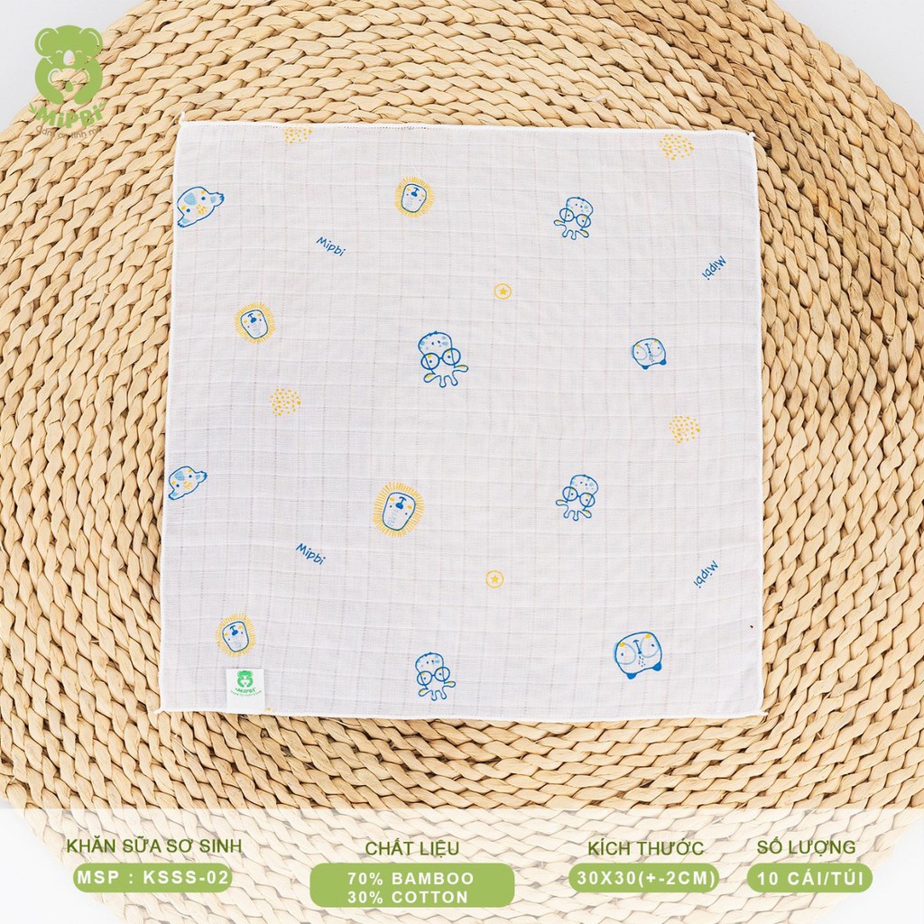 Khăn sữa sơ sinh Mipbi 2 lớp 70% sợi tre + 30% cotton mềm mại, kháng khuẩn KSSS02 (Túi 10 chiếc)