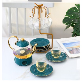Bộ ấm trà nến xanh cổ vịt kèm kệ treo chén