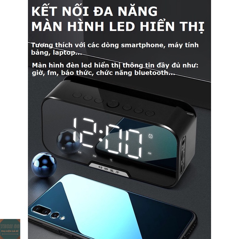 Loa Bluetooth Kiêm Đồng Hồ G10 Mặt Gương Hiển Thị Đèn Led - Đài FM - Đồng Hồ Báo Thức