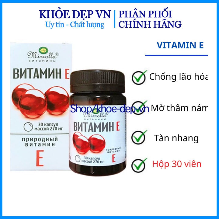 Vitamin E mirrola Nga hàm lượng 270mg giúp trắn sáng da, chống lão hóa - hộp 30 viên