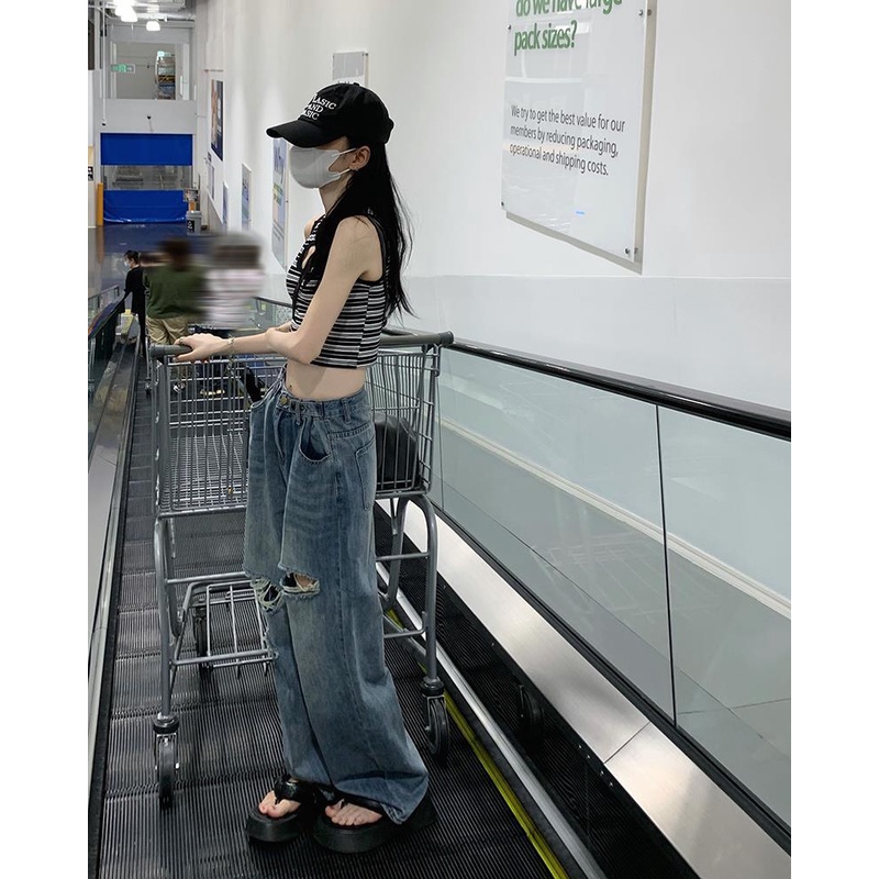 Quần Jeans Dài Ống Rộng Lưng Cao Thời Trang Cho Nữ