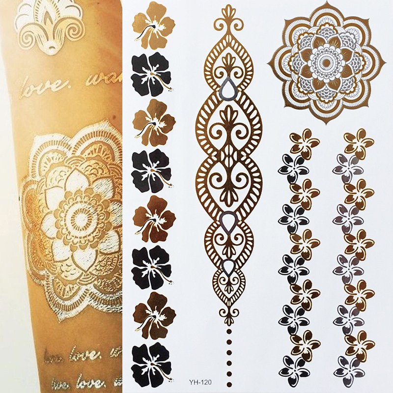 Waterproof Tattoo Temporary-Tattoo-Stick-Paster Flash Metallic Gold Silver Henna/peacock