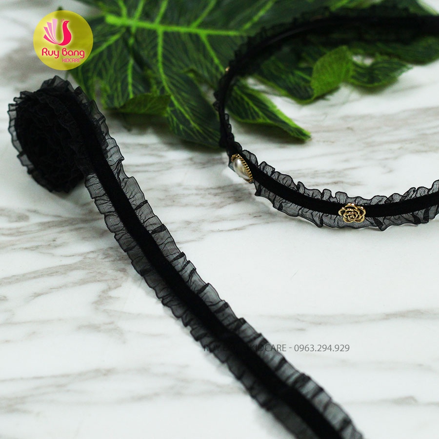 Ruy băng nhún nhung viền bèo dùng làm băng đô, nơ kẹp tóc