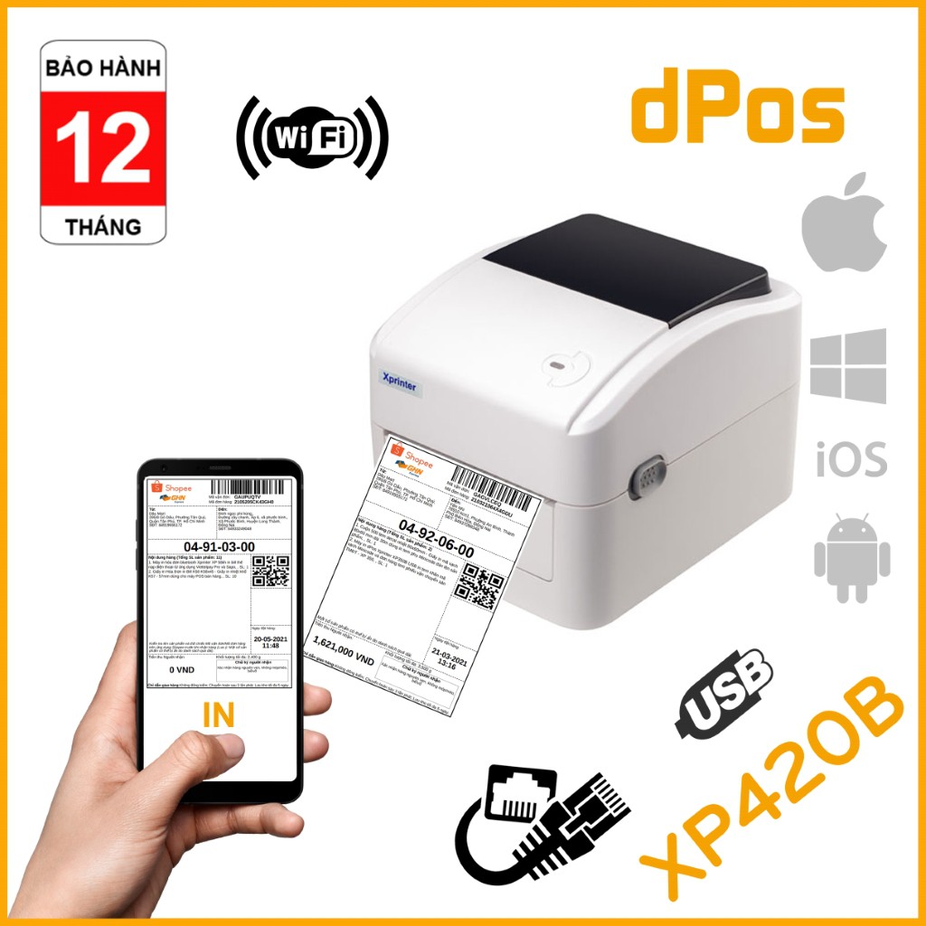 Máy in dPos XP420B in đơn hàng tem vận chuyển từ điện thoại iphone Adroid