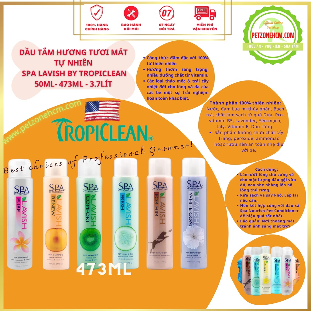 473ml Sữa tắm Tropiclean  FREESHIP  Lavish Spa Tropiclean Shampoo từ thiên nhiên cung cấp vitamin dưỡng lông chó mèo