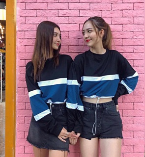 Croptop Tay Dài Phối Màu Rút Dây