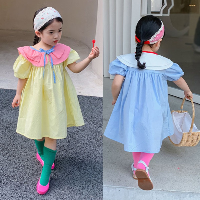 Đầm Công Chúa Tay Phồng Cổ Búp Bê Màu Sắc Tương Phản Thời Trang Mùa Hè Hàn Quốc Cho Bé Gái