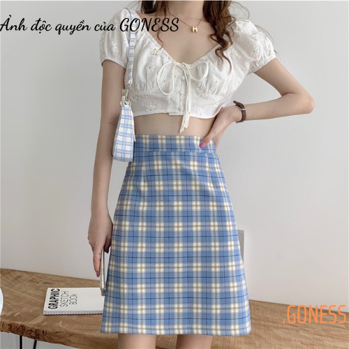 Chân Váy Kẻ Caro Màu Xanh Dương Có Quần Bên Trong Dáng Chữ A Goness A441