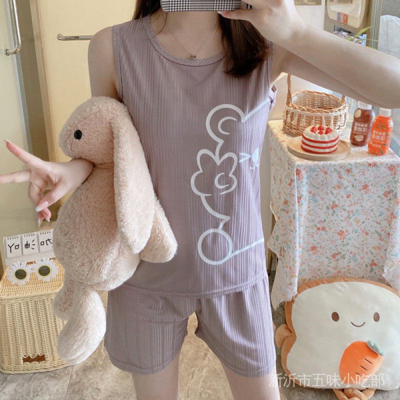 Đầm Ngủ Không Tay Có Mút Đệm Ngực Họa Tiết Hoạt Hình Phong Cách Hàn Quốc Cho Nữ