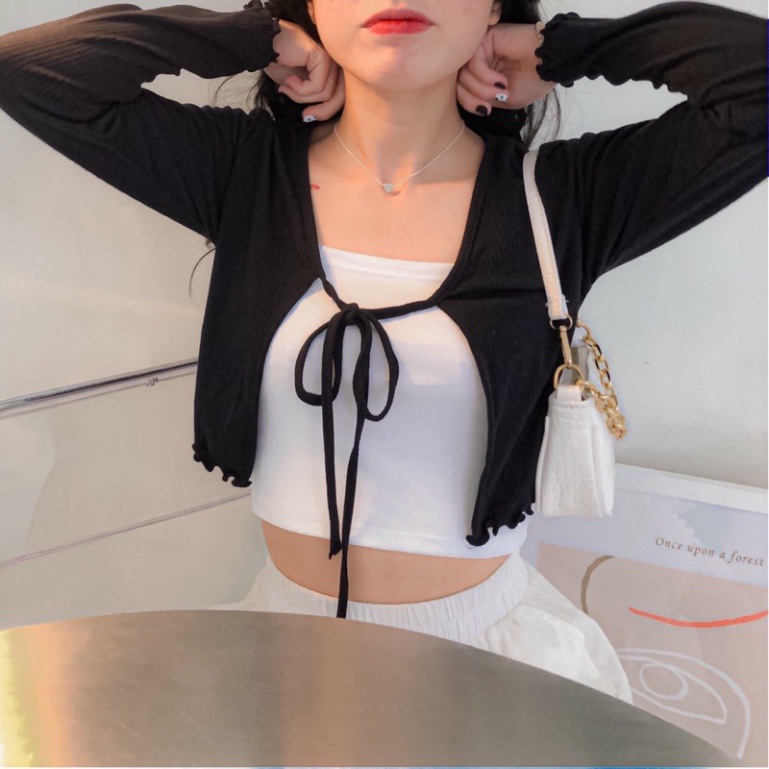 (Chuẩn) Áo kiểu buộc dây tay dài, croptop mùa thu đông🌵thun co giãn, mặc được nhiều phong cách📷Hình thật shop chụp📷fo