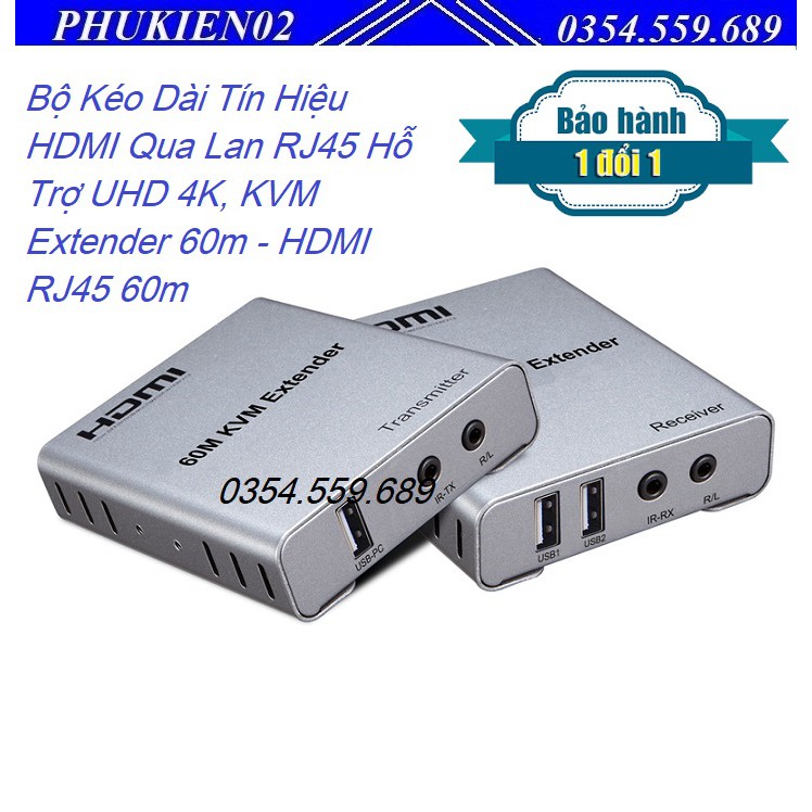 Bộ Kéo Dài Tín Hiệu HDMI Qua Lan RJ45 Hỗ Trợ UHD 4K, KVM Extender 60m - HDMI RJ45 60m