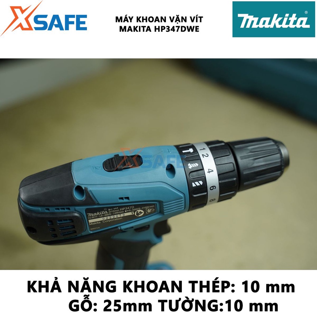 Máy khoan pin cầm tay MAKITA HP347DWE điều tốc, công tắc đảo chiều, kèm 2 pin 1 sạc - chính hãng - xsafe
