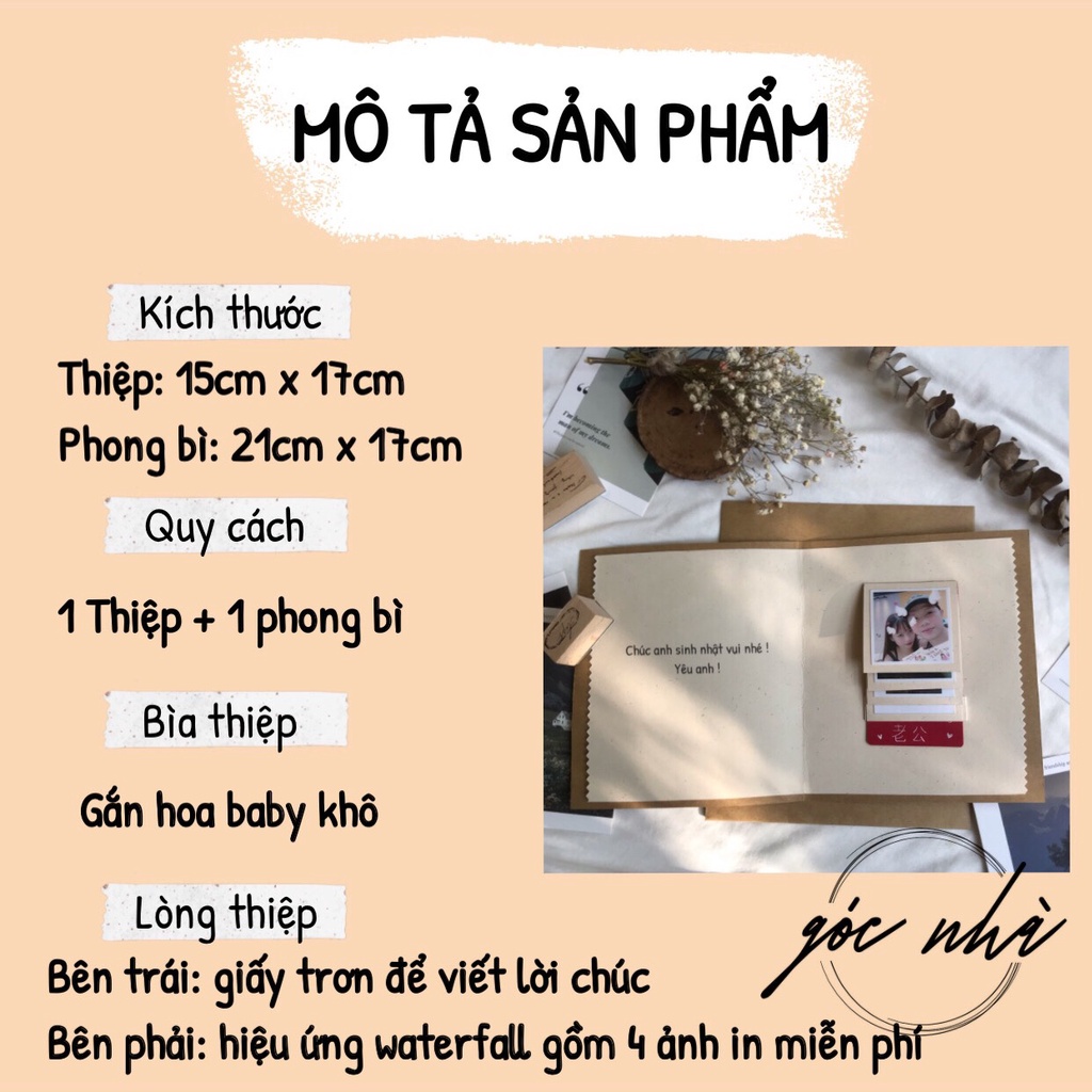 Thiệp có dán hình ảnh handmade kiểu waterfall bìa gắn hoa baby khô vintage cổ điển in ảnh miễn phí Góc Nhà gocnha