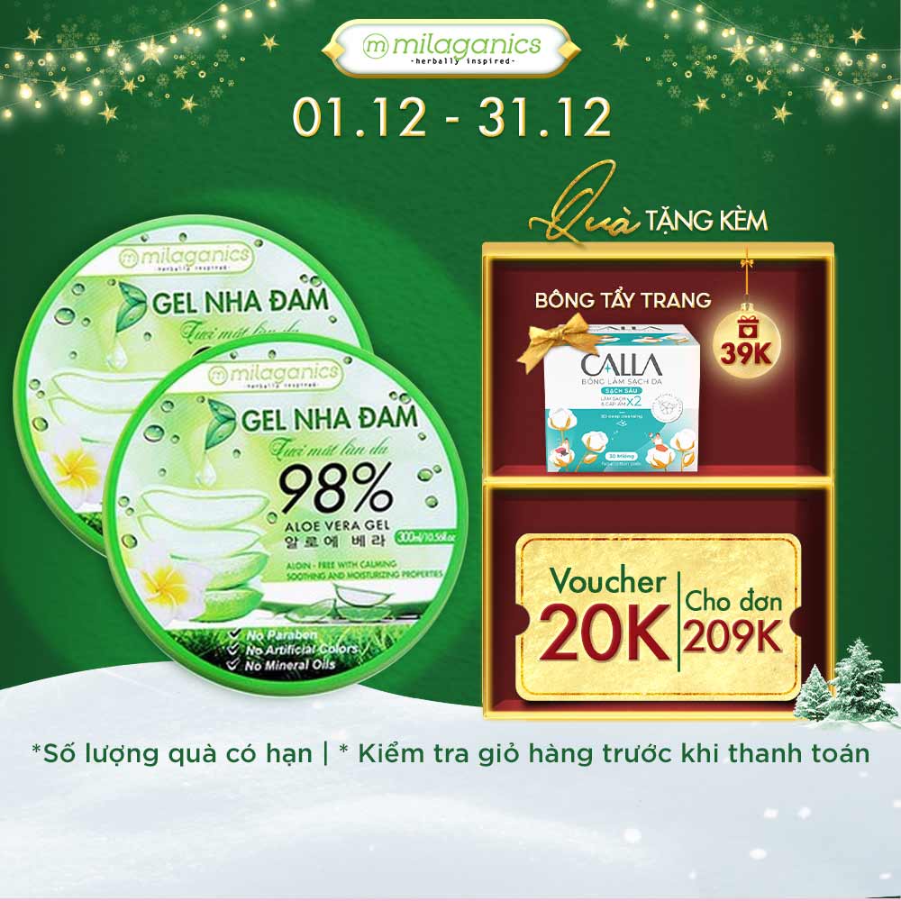 Combo 2 Gel nha đam tươi dưỡng ẩm, chống lão hóa MILAGANICS 300ml/hộp