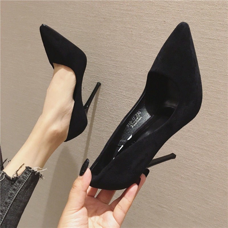 Giày Cao Gót 5cm 7cmTTH281 Mũi Nhọn Chất Liệu Da Lộn Màu Đen Thời Trang Xuân Thu 2022 Cho Nữ