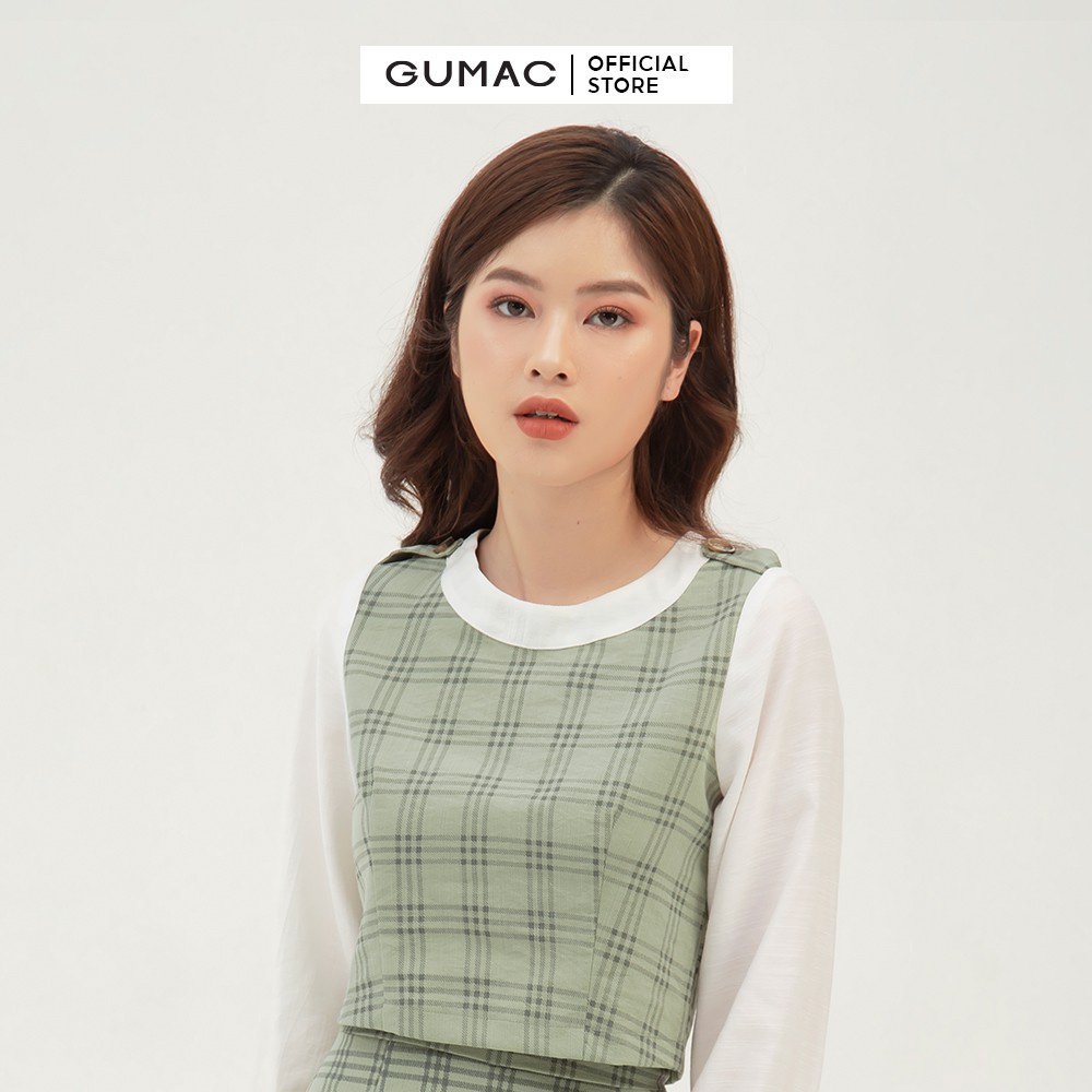 Áo croptop nữ họa tiết caro phối tay GUMAC phong cách AB359