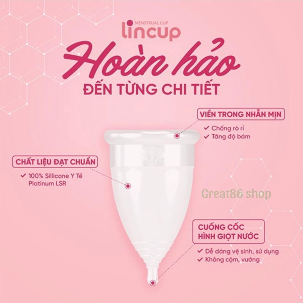 Cốc nguyệt san Lincup great86 Lincup làm từ 100% silicone y tế đạt chuẩn FDA Hoa Kỳ siêu mềm có 2 size- tặng 2 gói bột