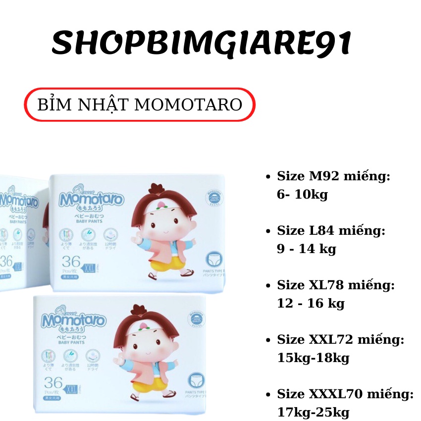 BỈM NHẬT MOMOTARO - Tã Bỉm Dán/quần MOMOTARO đủ size S112/MD96/M92/L84/XL78/XXL72/XXXL70