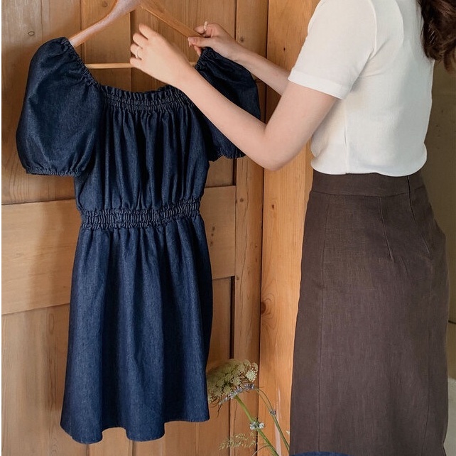 Đầm Denim Cổ Vuông Lưng Thun Dễ Thương Phong Cách Hàn Quốc 52802