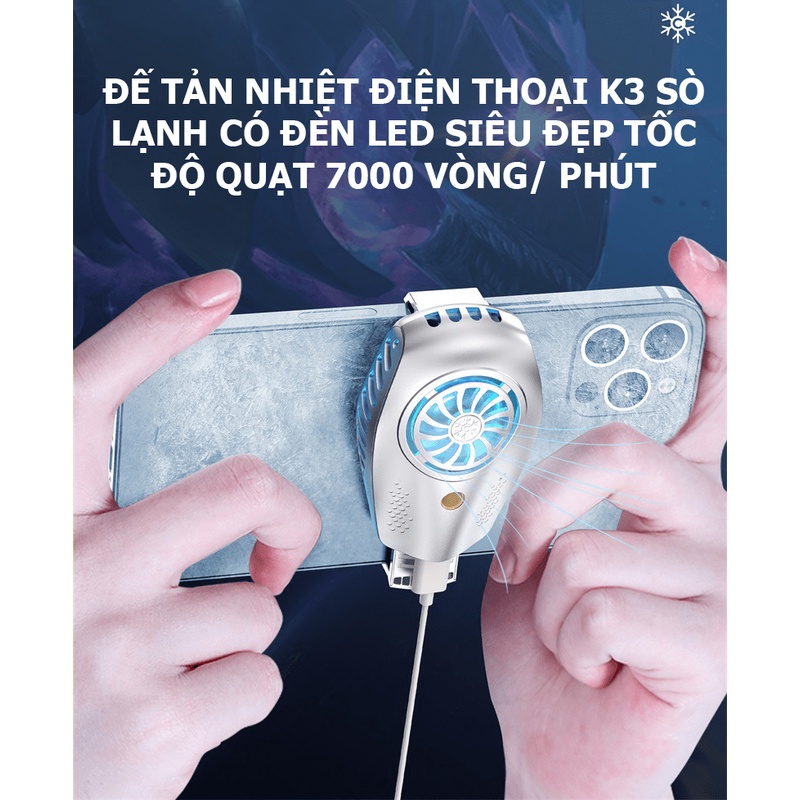 [Mã ELMS10 giảm 6% đơn 50K] Đế tản nhiệt điện thoại K3 làm lạnh bán dẫn có đèn LED siêu đẹp tốc độ quạt 7000 vòng/ phút