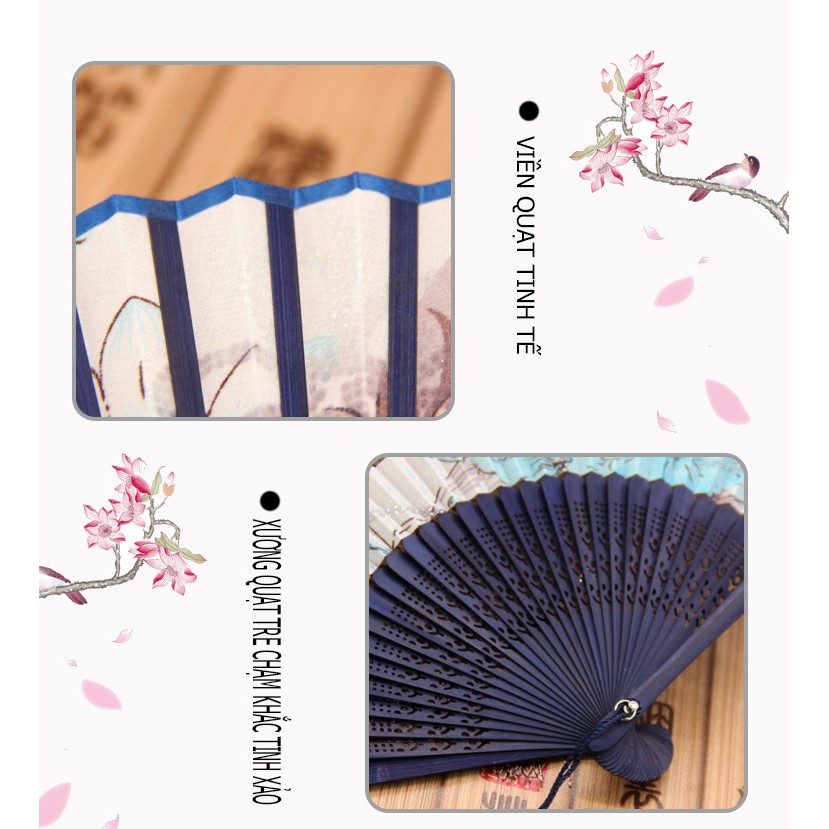 Quạt giấy vải lụa cổ trang gấp gọn cầm tay nan tre in họa tiết siêu đẹp