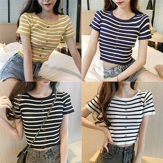 Áo len nữ kẻ cộc tay croptop