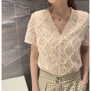 Áo sơ mi nữ ren cộc tay cổ V sang chảnh Style công sở Hàn Quốc (HÀNG SẴN) - Có ảnh thật