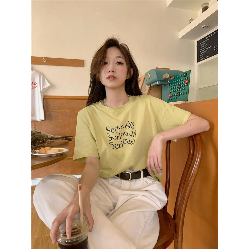 Áo Thun Cotton Cổ Tròn Dáng Rộng Ngắn Tay In Chữ Thời Trang Cá Tính 61291