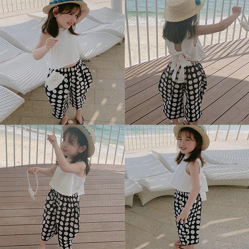 Set Áo Cộc Tay Chấm Bi + Quần Dài Ống Rộng Thời Trang Cho Bé Gái