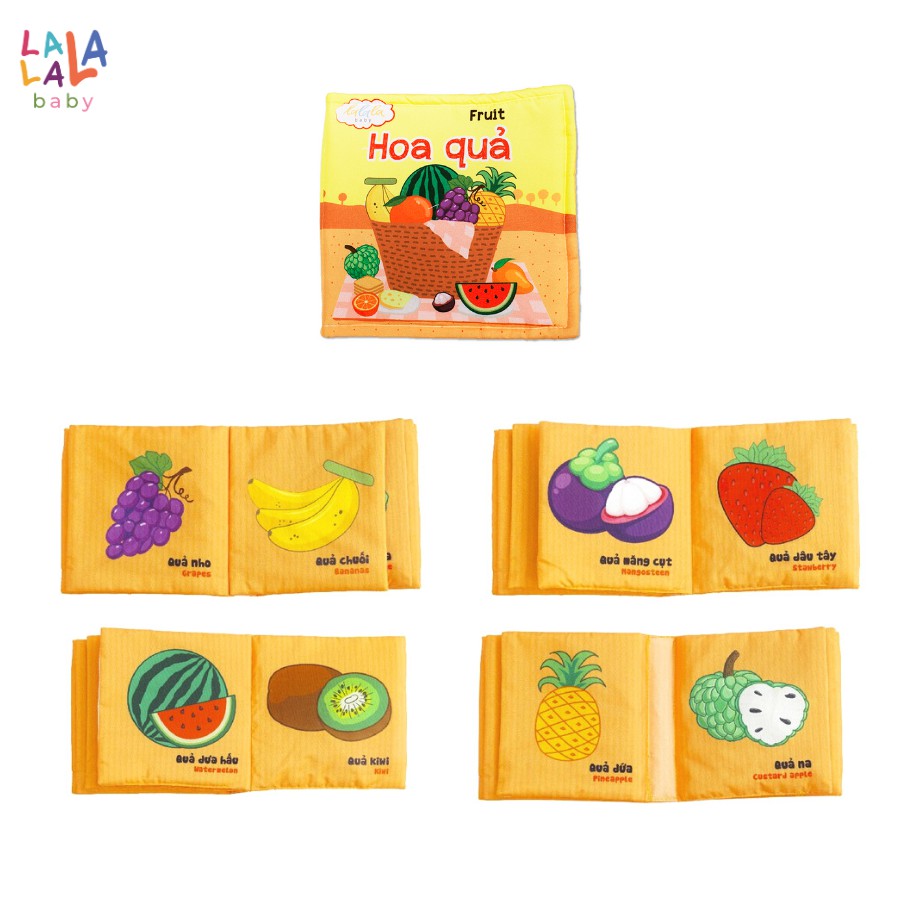 Combo 4 cuốn sách vải Lalala Baby kích thích đa giác quan, kích thước 15x15cm 12 trang (Rau củ, Hoa quả, Động vật, PTGT)