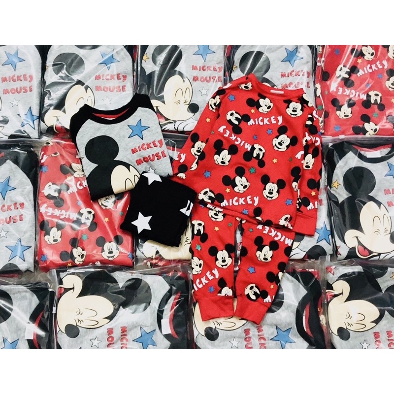Set 2 bộ cotton dài tay in hình mickey cho bé trai size từ 10-24 cân