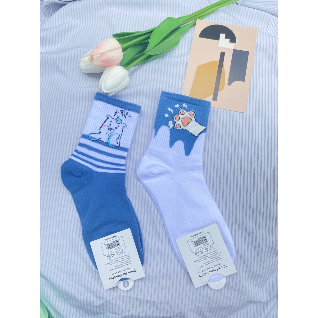 Tất trắng Muzini tất cổ cao tone xanh hoạt tiết gấu nhiều hình cute TN222