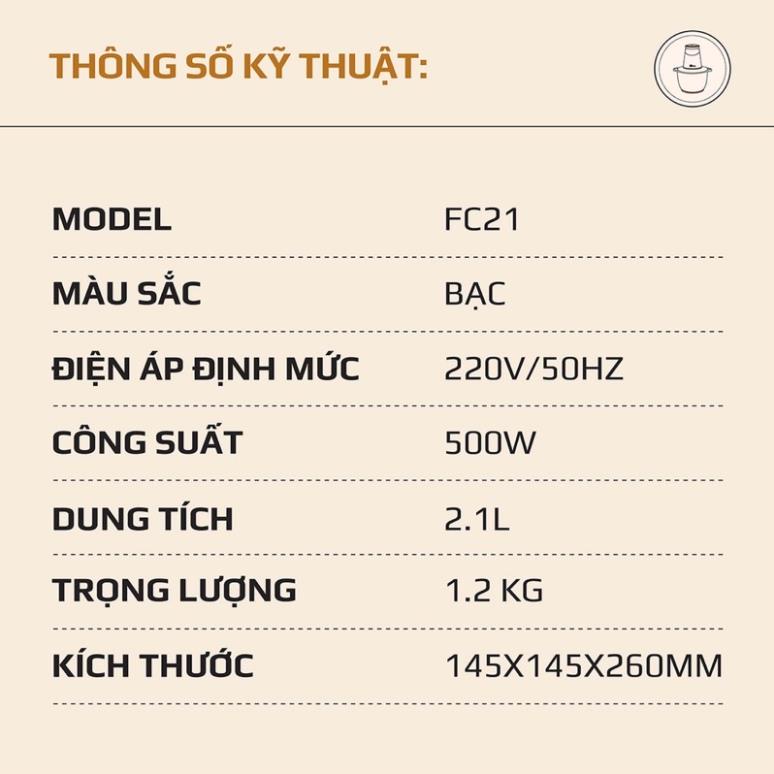 Máy xay thịt, máy xay đa năng Olivo FC21 công suất mạnh mẽ 500w Dung tích 2.1L  - BH 12 tháng chính hãng